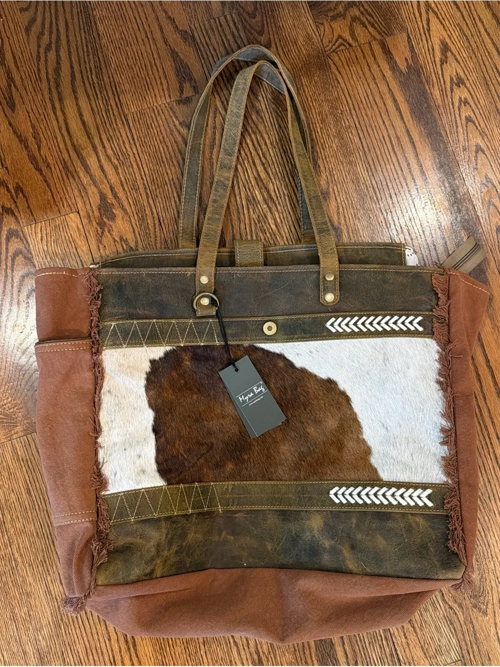 Myra Bag Brown & White Leather Hair-on-Hide Tote with Rustic Accents